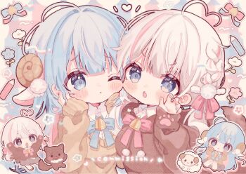 2girls :o ;&lt; ahoge akumu_(vtuber) animal_ears blue_bow blue_bowtie blue_eyes blue_hair blue_nails blunt_bangs blush bow bowtie braid brown_horns brown_sweater chibi chibi_inset closed_mouth collared_shirt commentary commission curled_horns fang flower furrowed_brow hair_ribbon hand_up hands_on_own_cheeks hands_on_own_face heart heart_ahoge highres horns indie_virtual_youtuber kahane_yuri kamizakana_iriko long_hair long_sleeves looking_at_viewer multicolored_nails multiple_girls nail_polish open_mouth pink_bow pink_bowtie pink_hair pink_nails pink_ribbon ribbon sheep sheep_ears sheep_horns shirt short_hair single_braid skeb_commission skin_fang sweater upper_body v-shaped_eyebrows white_shirt