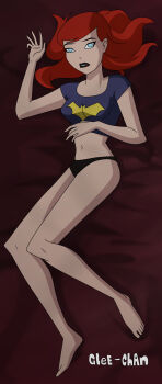1girl absurdres barbara_gordon barefoot batgirl batman_symbol black_panties crop_top dc_animated_universe dc_comics glee-chan highres lying midriff navel non-web_source on_side orange_hair panties shirt short_sleeves t-shirt underwear