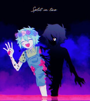 Rule 34 | 2boys, ^ ^, antenna hair, arm at side, basil (headspace) (omori), basil (omori), black hair, black skin, blood, blue flower, blue hair, blue overalls, blue rose, bug, chromatic aberration, closed eyes, colored skin, commentary, conjoined, english commentary, english text, flower, flower wreath, from side, green shirt, hair between eyes, hand up, head wreath, highres, male focus, multiple boys, omo taru, omori, open mouth, overall shorts, overalls, pink flower, purple flower, purple rose, rose, shirt, short hair, short sleeves, smile, spider, spoilers, standing, stranger (omori), wading, waving, white eyes, white skin