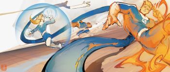 1girl 3boys absurdres ass ben_grimm blonde_hair blue_bodysuit bodysuit brother_and_sister cyrosaur elasticity fantastic_four fire highres husband_and_wife johnny_storm long_hair marvel marvel_rivals multicolored_bodysuit multiple_boys muscular partially_invisible reed_richards short_hair siblings smile sue_storm superhero_costume two-tone_bodysuit white_bodysuit