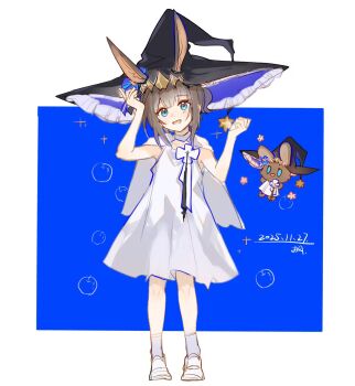 Rule 34 | 1girl, amiya (arknights), amiya (medic) (arknights), amiya (medic) (solo around the world) (arknights), amiya (young) (arknights), animal ears, arknights, black hat, blue background, blue eyes, border, brown hair, cape, chinese commentary, choshanland plushy (arknights), commentary request, dated, diamond hairband, dress, full body, hair up, hat, head tilt, highres, looking at viewer, maplebyebye, rabbit ears, shirt, signature, simple background, smile, solo, white border, white cape, white dress, white shirt, witch hat