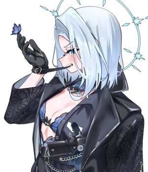 1girl black_gloves black_jacket blue_bra blue_butterfly blue_halo bra breasts bug butterfly gloves grey_hair gun gurumie halo handgun highres holster indie_virtual_youtuber insect jacket monarch_(amalee) mouth_hold small_breasts solo teeth_hold underwear virtual_youtuber weapon