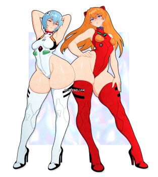 2girls adapted_costume arms_behind_head arms_up artist_name ayanami_rei bad_link bare_arms bare_hips bare_shoulders blue_eyes blue_hair boots breasts celebelian contrapposto crossed_bangs curvy double-parted_bangs full_body hair_between_eyes hair_ornament hairpods hand_on_own_hip hand_on_own_thigh heattech_leotard high_heel_boots high_heels highleg highleg_leotard highres interface_headset_(evangelion) legs_apart leotard long_hair looking_at_viewer mecha_pilot_suit medium_breasts multicolored_leotard multiple_girls neon_genesis_evangelion orange_hair orange_leotard parted_lips pear-shaped_figure plugsuit_(evangelion) red_boots red_eyes red_leotard revealing_clothes shiny_skin short_hair side-by-side simple_background sleeveless sleeveless_turtleneck_leotard small_breasts souryuu_asuka_langley standing symmetrical_pose symmetry thick_thighs thigh_boots thighs thong_leotard turtleneck twitter_username two-tone_leotard two_side_up white_background white_boots white_leotard wide_hips