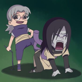 all_fours black_hair chibi drop_shadow eyeliner fangs foot_on_another&#039;s_ass gradient_background green_background hair_tied_back holding holding_whip layered_sleeves long_sleeves makeup makidsume multiple_boys naruto_(series) naruto_shippuuden open_mouth orochimaru_(naruto) pale_skin rope_belt round_eyewear short_over_long_sleeves short_sleeves short_sleeves_under_sleeveless sunken_cheeks what yakushi_kabuto