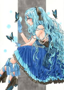 1girl aqua_hair armpit_crease black_bra black_ribbon black_shoes block_heels blue_dress blue_eyes blue_gloves blue_ribbon blush bra breasts bug butterfly colorful commentary_request corset dress from_side full_body gloves hair_ribbon half_updo highres insect large_breasts layered_dress leg_ribbon long_hair looking_at_viewer looking_to_the_side marker_(medium) meeya original parted_lips polka_dot polka_dot_background ribbon shoes sideboob sideways_glance sitting sleeveless sleeveless_dress solo traditional_media two-tone_background underwear very_long_hair wavy_hair