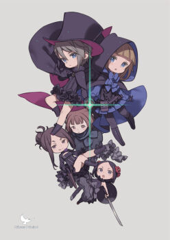 Rule 34 | 5girls, ange (princess principal), beatrice (princess principal), black cape, black dress, black eyes, black footwear, black gloves, black hair, black headwear, blonde hair, blue eyes, blue skirt, boots, braid, brown eyes, brown hair, cape, chibi, cloak, copyright name, dorothy (princess principal), dress, flower, frills, gloves, grey background, grey hair, gun, hair bun, hair flower, hair ornament, handgun, hat, holstered, hood, hooded cloak, kuroboshi kouhaku, looking at viewer, multiple girls, pantyhose, pistol, pleated skirt, princess (princess principal), princess principal, short dress, short hair, simple background, single hair bun, skirt, sword, top hat, toudou chise, weapon