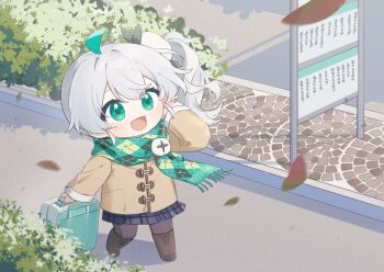 Rule 34 | 1girl, :d, ahoge, alternate costume, boots, chibi, coat, commentary request, green eyes, green hair, green scarf, highres, holding, leaf, long hair, long sleeves, multicolored hair, open mouth, outdoors, pantyhose, plant, pleated skirt, quanmian shidai, scarf, side ponytail, skirt, smile, solo, wen xiaomian, wenxiaomian family, white hair