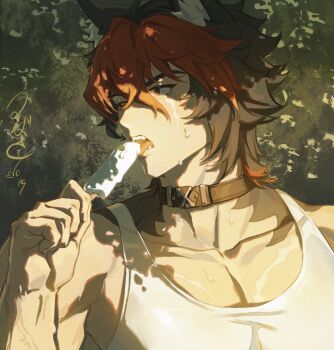 1boy animal_ear_fluff animal_ears bare_shoulders black_hair body_fur choker collarbone commentary_request dog_boy dog_ears fangs food hair_between_eyes highres holding holding_food holding_popsicle komano_manato licking looking_to_the_side male_focus melting_popsicle multicolored_hair multiple_scars muscular muscular_male pectorals popsicle red_eyes red_hair scar scar_across_eye scar_on_chest scar_on_face shirt short_hair solo sweat tank_top tongue tongue_out tsubasa_(70281510) upper_body white_shirt zenless_zone_zero