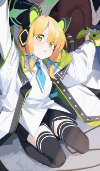 1girl absurdres animal_ear_headphones animal_ears ascot black_thighhighs blonde_hair blue_archive blue_ascot blue_bow bow cat_ear_headphones cat_ears commentary_request controller fake_animal_ears game_controller green_eyes green_halo hair_bow halo headphones highres holding holding_controller holding_game_controller jacket midori_(blue_archive) open_clothes open_jacket shirt sitting solo thighhighs wako_(1194433260) wariza white_jacket white_shirt
