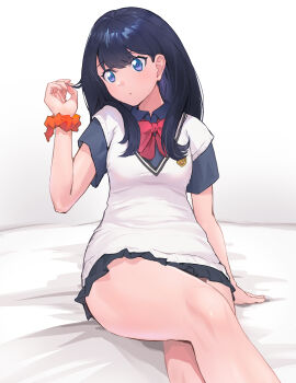 1girl absurdres arm_support bed black_hair black_shirt black_skirt blue_eyes blush closed_mouth commentary_request crossed_legs dot_mouth gridman_universe hair_between_eyes highres long_hair orange_scrunchie pleated_skirt scarf scrunchie shirt short_sleeves sitting skirt solo ssss.gridman sweater takarada_rikka tao_xiaofan_pduk thighs white_background white_sweater wrist_scrunchie
