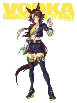 Rule 34 | 1girl, absurdres, animal ears, artist name, belt, black boots, black jacket, black shorts, boots, brown hair, character name, claws, commentary request, crop top, cropped jacket, frown, full body, glowing, hair ornament, hair over one eye, highres, horse ears, horse girl, horse tail, jacket, jewelry, li li li li jun, long hair, long sleeves, looking up, midriff, multicolored hair, navel, open clothes, open jacket, parted lips, pendant, shirt, short shorts, shorts, signature, simple background, solo, streaked hair, tail, thigh boots, umamusume, v-neck, vodka (umamusume), vodka (wild top gear) (umamusume), white background, yellow eyes, yellow shirt
