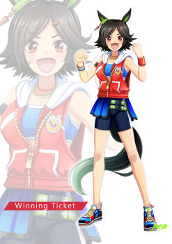 1girl absurdres animal_ears bandaid bandaid_on_cheek bandaid_on_face bandeau black_hair black_shorts blue_bandeau blue_sports_bra blush breasts brown_hair character_name commentary_request full_body hair_between_eyes hair_ornament hairclip highres hood hoodie horse_ears horse_girl horse_tail jacket konsu_(konsu1182da) low-cut_armhole open_mouth overskirt red_eyes red_jacket shoes short_hair shorts simple_background sleeveless sleeveless_hoodie sleeveless_jacket smile sports_bra swept_bangs tail umamusume white_background winning_ticket_(get_to_winning!)_(umamusume) winning_ticket_(umamusume) wristband zoom_layer