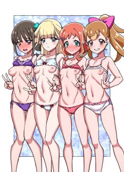 4girls asortofcolorfag blonde_hair blue_eyes blush bra bra_lift breasts brown_hair cameltoe closed_mouth clothes_lift colorized double_v full-face_blush gluteal_fold green_eyes hair_ornament hair_ribbon hairclip highres inukai_iroha inukai_komugi long_hair looking_at_viewer medium_hair miyagoe_yoshitsuki multiple_girls navel nekoyashiki_mayu nekoyashiki_yuki nipples open_mouth orange_hair panties pink_bra pink_panties precure purple_bra purple_panties red_eyes ribbon small_breasts smile sports_bra stomach teeth underwear underwear_only v white_bra white_panties wonderful_precure!