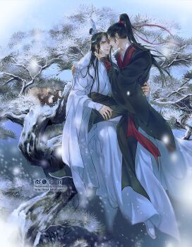 2boys artist_name black_hair black_hanfu blic1 boots branch chinese_clothes chinese_commentary closed_eyes closed_mouth couple day full_body fur-trimmed_robe fur_trim hair_ribbon hand_on_another&#039;s_face hand_on_another&#039;s_neck hanfu headband high_ponytail highres hug imminent_kiss in_tree lan_wangji long_hair long_sleeves looking_at_another male_focus modao_zushi multiple_boys outdoors pine_tree ponytail red_ribbon ribbon robe sitting sitting_in_tree sitting_on_lap sitting_on_person sleeves_past_wrists smile snow snowing topknot tree watermark web_address wei_wuxian white_boots white_hanfu white_headband wide_sleeves winter winter_clothes xiao_guan_(headdress) yaoi yellow_eyes