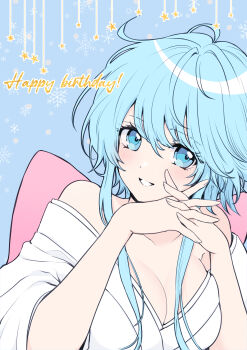 Rule 34 | 1girl, absurdres, blue background, blue eyes, blue hair, breasts, chiwa (chiwawanwan1206), cleavage, commentary request, hands up, happy birthday, highres, interlocked fingers, japanese clothes, jigoku sensei nube, kimono, large breasts, long hair, looking at viewer, off shoulder, own hands together, smile, solo, star (symbol), upper body, white kimono, yukime (jigoku sensei nube)