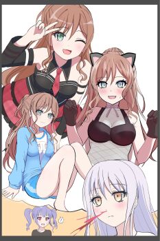 3girls animal_ears bang_dream! barefoot black_bra black_gloves black_shirt blood blue_eyes blue_jacket blue_shorts blush bra brown_hair cat_ears fake_animal_ears gloves grey_hair highres imagining imai_lisa jacket long_hair looking_at_another minato_yukina multiple_girls nosebleed one_eye_closed open_mouth purple_hair red_eyes sandman_(gm4zfijcwbz3g4y) shirt shorts simple_background sitting standing twintails udagawa_ako underwear v white_background white_shirt yellow_eyes yuri