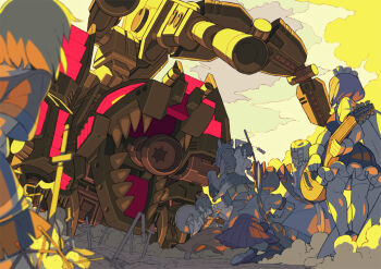 atmospheric_perspective black_skirt black_vest blurry blurry_foreground bow brown_hair cannon character_request cloud cloudy_sky commentary_request detached_sleeves field_of_blades frilled_skirt frills hakurei_reimu headdress himekaidou_hatate holding holding_shield horse instrument itsumo_nokoru kochiya_sanae long_skirt lute_(instrument) maid_headdress pleated_skirt purple_skirt red_bow shameimaru_aya shield short_hair skirt sky sword_world sword_world_2.0 touhou twintails vest warm_colored white_headdress white_sleeves wide_sleeves yellow_clouds