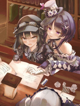 3girls :d absurdres bandaged_arm bandages black_dress black_gloves black_hair black_hat black_jacket black_ribbon book commentary_request crumpled_paper dress eraser gloves goggles goggles_on_headwear hat highres holding holding_pencil housho_margo jacket japanese_clothes kimono kurobe_nanoka library long_hair mahou_shoujo_no_majo_saiban mini_hat multiple_girls natsume_an-an neck_ribbon okanda open_clothes open_jacket open_mouth pencil purple_eyes purple_gloves purple_kimono ribbon short_hair single_glove smile twintails v-shaped_eyebrows