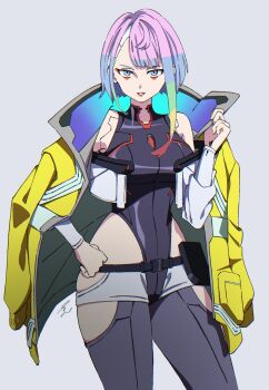 1girl asymmetrical_hair black_leotard blue_hair breasts cyberpunk_(series) cyberpunk:_edgerunners cyborg eyeliner green_hair grey_background grey_eyes highres jacket jacket_on_shoulders leotard looking_at_viewer lucy_(cyberpunk) makeup medium_breasts multicolored_hair parted_lips piko_han pink_hair red_eyeliner red_hair short_hair short_shorts shorts simple_background solo white_jacket white_shorts yellow_jacket