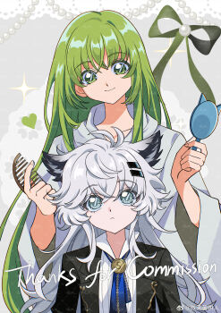 Rule 34 | 1girl, 1other, absurdres, animal ears, arknights, bisho imobing hito, closed mouth, comb, commentary request, commission, crossover, enkidu (fate), fate/grand order, fate (series), green eyes, green hair, grey hair, highres, holding, holding comb, holding mirror, lappland (arknights), long hair, mirror, robe, upper body, very long hair, white robe