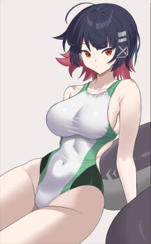 1girl black_hair breasts colored_inner_hair commentary_request competition_swimsuit cowboy_shot ellen_joe fins fish_tail hair_ornament hairclip highleg highleg_one-piece_swimsuit highres kusunoki_toona large_breasts multicolored_hair multicolored_swimsuit one-piece_swimsuit red_eyes red_hair shark_girl shark_tail short_hair solo swimsuit tail white_one-piece_swimsuit zenless_zone_zero