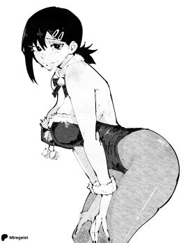 1girl absurdres artist_name backless_outfit bare_shoulders breasts chainsaw_man commentary english_commentary hair_ornament hairclip higashiyama_kobeni highres large_breasts leggings leotard light_blush looking_at_viewer miregeist nail_polish patreon_logo solo tagme wrist_cuffs