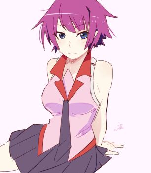 Rule 34 | 1girl, bare shoulders, blue eyes, blue necktie, blush, breasts, closed mouth, collared shirt, eyelashes, grey background, kokomi (aniesuakkaman), looking at viewer, medium breasts, monogatari (series), naoetsu high school uniform, necktie, nekomonogatari, purple hair, school uniform, senjougahara hitagi, shirt, signature, simple background, sitting, sketch, sleeves rolled up, solo, third-party source, white background