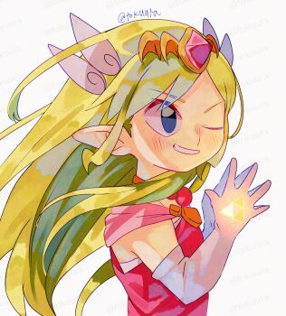 1girl ;d artist_name bead_necklace beads blonde_hair circlet dress elbow_gloves gem gloves grin highres jewelry necklace nintendo one_eye_closed open_mouth own_hands_together pink_dress pointy_ears princess_zelda red_gemstone simple_background smile solo steepled_fingers the_legend_of_zelda the_legend_of_zelda:_the_wind_waker tokuura toon_zelda triforce twitter_username upper_body watermark watermark_grid white_background white_gloves