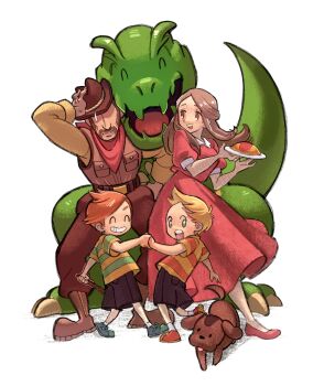 Rule 34 | :d, :o, ^ ^, absurdres, beard, belt, black shorts, blonde hair, boney, boots, brothers, brown belt, brown eyes, brown hair, brown pants, brown shoes, brown vest, claus (mother 3), claws, clenched teeth, closed eyes, commentary request, cowboy hat, dinosaur, dog, drago (mother 3), dress, facial hair, flint (mother 3), food, green eyes, grin, hat, highres, hinawa, holding, holding hands, holding plate, long hair, lucas (mother 3), mother (series), mother 3, nintendo, obscured eyes, omelet, omurice, open mouth, orange hair, pants, plate, puffy short sleeves, puffy sleeves, red dress, red shoes, shirt, shoes, short hair, short sleeves, shorts, siblings, smile, striped clothes, striped shirt, teeth, tongue, tongue out, user zpnu2438, vest, white background, yellow shirt