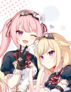 ;d arm_belt ascot belt belt_buckle black_belt black_gloves blonde_hair blue_hair blue_nails bow bowtie braid breasts brooch buckle closed_mouth commentary_request crown_braid detached_sleeves earrings eyebrows_hidden_by_hair fang flower frilled_shirt_collar frills gloves goggles goggles_on_head gold_trim gradient_background green_background hair_flaps hair_flower hair_ornament hair_ribbon hand_up happy heart high_collar highres himehina_channel inward_v jewelry light_blush lily_(flower) long_hair looking_at_viewer multicolored_hair one_eye_closed open_mouth pink_hair puffy_short_sleeves puffy_sleeves red_ascot red_bow red_bowtie red_ribbon ribbon rl_ka_qui short_sleeves skin_fang small_breasts smile star_brooch streaked_hair striped_ribbon suzuki_hina swept_bangs tanaka_hime twintails two-tone_hair upper_body v virtual_youtuber white_background white_flower white_sleeves wrist_wrap