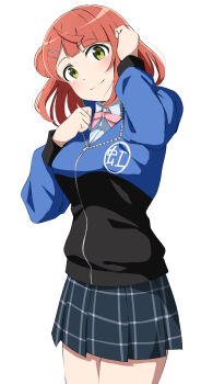 1girl absurdres arm_up blue_jacket blue_shirt blue_skirt breasts collared_shirt commentary cowboy_shot dress_shirt green_eyes hair_bun hair_ornament hairclip highres jacket large_breasts long_sleeves looking_at_viewer love_live! love_live!_nijigasaki_high_school_idol_club medium_hair miniskirt neck_ribbon nijigasaki_school_uniform nijigasaki_track_jacket orange_hair parallel_hairclips pink_ribbon plaid_clothes plaid_skirt pleated_skirt ribbon school_uniform shirt single_side_bun skirt solo standing summer_uniform track_jacket uchuu_no_mozuku uehara_ayumu