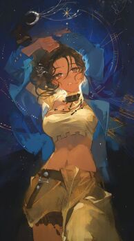 1girl bindi black_hair blue_jacket brown_eyes caick_fernandes dark-skinned_female dark_skin female_focus hair_between_eyes hair_ornament highres indian jacket kaalaa_baunaa looking_at_viewer midriff open_mouth reverse:1999 solo solo_focus star_(sky)