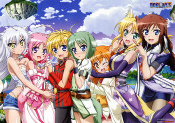 10s 1boy 6+girls :&lt; :d ;d absurdres ahoge animal_ears belt blonde_hair blue_eyes blush bow braid breasts brioche_d&#039;arquien brown_hair buckle cat_ears cat_tail chestnut_mouth cinque_izumi cleavage cloak cloud copyright_name day dog_days dog_ears dog_girl eclair_martinozzi elbow_gloves fingerless_gloves flat_chest floating_island fox_ears gloves green_eyes green_hair hair_bow highres holding_hands japanese_clothes large_breasts leonmitchelli_galette_des_rois long_hair millhiore_f._biscotti multiple_girls official_art one_eye_closed open_mouth orange_eyes orange_hair panties pantyhose pink_hair purple_eyes ricotta_elmar sakata_osamu short_hair shorts silver_hair single_braid skirt sky smile tail thighhighs thong underwear wink yellow_eyes yukikaze_panettone