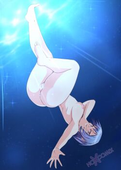 1girl aqua_(kingdom_hearts) ass blue_eyes blue_hair breasts curvy highres hoxcomix huge_ass jojo_reference kingdom_hearts kingdom_hearts_birth_by_sleep kingdom_hearts_iii large_breasts nipples nude solo thick_thighs thighs underwater