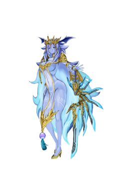 Rule 34 | 1boy, blue eyes, blue hair, body markings, bottomless, breasts, cleavage, dominus impulse, duel monster, full body, head wings, highres, holding, holding sword, holding weapon, large breasts, long hair, niziko, revealing clothes, simple background, solo, sword, tiara, very long hair, weapon, white background, wings, yu-gi-oh!