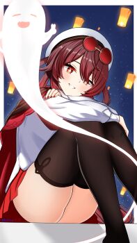 1girl absurdres black_thighhighs boo_tao_(genshin_impact) brown_hair cape eyewear_on_head genshin_impact hat highres hu_tao_(cherries_snow-laden)_(genshin_impact) hu_tao_(genshin_impact) knees_up kokoa_(user_zrrr5457) lantern long_sleeves nail_polish night night_sky no_panties paper_lantern red_cape red_eyes red_nails round_eyewear shirt sitting sky solo symbol-shaped_pupils thighhighs white_hat white_shirt
