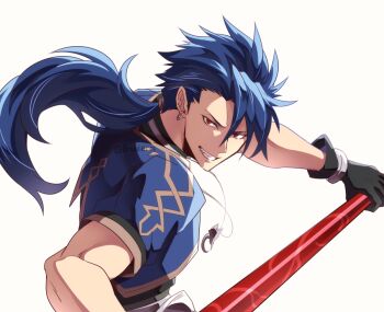 0nodera 1boy blue_hair blue_shirt commentary_request cu_chulainn_(fate) cu_chulainn_(fate/prototype) fate/grand_order fate_(series) gae_bolg_(fate) grin holding holding_polearm holding_weapon jewelry long_hair looking_at_viewer male_focus necklace polearm ponytail red_eyes shirt sideburns simple_background smile solo upper_body weapon