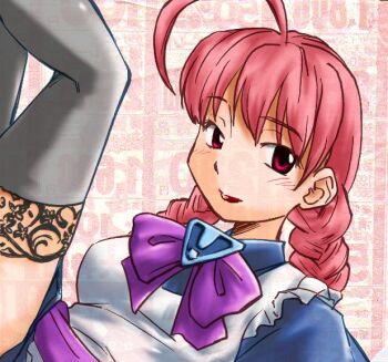 ! 1girl ahoge blush bow braid exif_thumbnail_surprise female_focus futaba_channel grey_thighhighs lace lace-trimmed_legwear lace_trim legs legs_up lipstick long_hair looking_at_viewer maid makeup os-tan pink_hair red_eyes solo thighhighs twin_braids we-tan