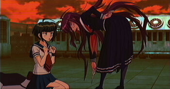 1990s_(style) 2girls ahoge angryarisen bent_over black_hair black_serafuku black_shirt black_skirt blue_sailor_collar blue_skirt bracelet chain-link_fence cloud collared_shirt commentary danganronpa_(series) danganronpa_another_episode:_ultra_despair_girls derivative_work english_commentary eyelashes faux_retro_artstyle fence fukawa_toko genocider_shou glasses hand_on_own_hip highres holding holding_scissors holding_weapon jewelry kneeling long_hair long_skirt long_sleeves long_tongue megaphone mole mole_under_mouth multiple_girls naegi_komaru neckerchief necktie on_rooftop open_mouth purple_eyes purple_hair red_neckerchief red_necktie red_sky retro_artstyle round_eyewear sailor_collar school_uniform scissors screenshot_redraw serafuku shirt short_hair skirt skirt_set sky tongue tongue_out very_long_hair weapon white_sailor_collar white_shirt