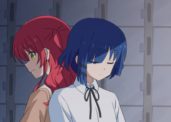 2girls @_@ back-to-back blue_hair blush bocchi_the_rock! breasts brown_jacket closed_eyes collared_shirt commentary_request hair_ornament highres jacket kita_ikuyo locker locker_room looking_down medium_hair mole mole_under_eye multiple_girls nogreen one_side_up red_hair resting school_uniform shimokitazawa_high_school_uniform shirt short_hair shuka_high_school_uniform small_breasts white_shirt yamada_ryo yellow_eyes