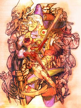 Rule 34 | 1990s (style), 2000, amingo, anakaris, armor, bengus, bodysuit, cable (marvel), capcom, cape, captain america, cover, cyclops (x-men), doctor doom, flattop, game cg, glowing, glowing eye, green hood, grey hair, guile, gun, highres, holding, holding gun, holding weapon, hood, hooded cape, marrow (x-men), marvel, marvel vs. capcom, marvel vs. capcom 2, mohawk, monkey tail, monster, multiple boys, muscular, muscular male, non-web source, official art, partially colored, power armor, retro artstyle, roaring, ruby heart, ryu (street fighter), scan, short hair, sonson, staff, street fighter, superhero costume, tail, venom (marvel), video game cover, weapon, wolverine (x-men), zangief