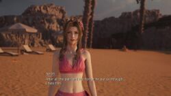3d aerith_gainsborough animated ass audible_speech beach bikini bikini_skirt blonde_hair breasts brown_hair cleavage cloud_strife costa_del_sol cutscene english_audio english_text final_fantasy final_fantasy_vii final_fantasy_vii_rebirth final_fantasy_vii_remake gameplay green_eyes high_heels highres legs long_legs medium_breasts midriff ocean official_alternate_costume palm_tree pink_bikini ribbon sandals screencap shorts sound square_enix subtitled swimsuit tagme thighs tree video video_game video_game_screencap waves