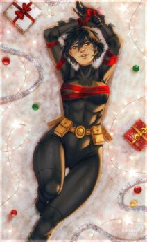 Rule 34 | 1girl, abs, arms up, artist name, batgirl, batman symbol, belt, belt pouch, black bodysuit, black gloves, black hair, bodysuit, breasts, brown eyes, cassandra cain, christmas present, commentary, dated, dc comics, english commentary, facial scar, gift, gloves, gluteal fold, highres, inksilvery, lying, medium breasts, no cape, no mask, on back, parted lips, pouch, ribbon, scar, scar across eyebrow, scar on cheek, scar on face, scar on lip, short hair, solo, superhero costume, thigh gap, tinsel, utility belt