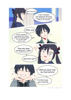 1boy 1girl ? ?? absurdres alternate_costume alternate_universe aqua_eyes arrow_(symbol) artist_name asymmetrical_bangs black_hair black_hood black_hoodie black_ribbon black_shirt blunt_bangs blunt_ends casual clenched_teeth closed_eyes collar collared_shirt contemporary curtains english_text facing_viewer genshin_impact genshinribu green_collar grey_eyes grey_jacket hair_between_eyes hair_ribbon hands_on_own_face head_tilt highres hood hood_down hoodie indoors jacket left-to-right_manga long_hair looking_at_viewer looking_to_the_side mona_(genshin_impact) open_mouth parted_bangs puff_of_air red_ribbon ribbon scaramouche_(genshin_impact) shirt sidelocks speech_bubble teeth tsurime twintails undershirt white_mouth wide-eyed window wispy_bangs