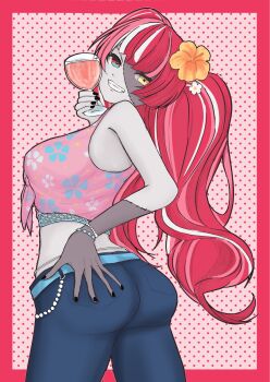 1girl ambiguous_red_liquid ass bare_arms bead_bracelet beads belt black_nails blue_belt blue_pants blunt_ends bracelet colored_skin commentary cup denim diamond-shaped_pupils diamond_(shape) english_commentary eyebrows_hidden_by_hair floral_print floral_print_shirt flower from_behind front-tie_top gradient_eyes green_eyes grey_skin hair_flower hair_ornament hand_on_own_ass heterochromia highres holding holding_cup hololive hololive_indonesia holonatsu_paradise ichika_opopoi jewelry kureiji_ollie kureiji_ollie_(holonatsu_paradise) long_hair looking_at_viewer looking_back midriff mismatched_pupils multicolored_eyes multicolored_hair multicolored_skin nail_polish official_alternate_costume pants patchwork_skin pink_hair red_background red_eyes red_hair shirt simple_background sleeveless sleeveless_shirt smile stitched_arm stitched_face stitches symbol-shaped_pupils twintails two-tone_skin virtual_youtuber white_hair white_skin x-shaped_pupils yellow_eyes zombie