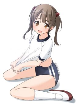 Rule 34 | 1girl, blue buruma, brown eyes, brown hair, buruma, commentary request, full body, gym shirt, gym uniform, long hair, original, shibacha, shirt, shirt tug, shoes, simple background, sitting, smile, socks, solo, t-shirt, uwabaki, wariza, white background, white shirt, white socks