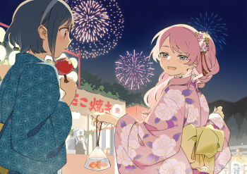 Rule 34 | 3girls, absurdres, aerial fireworks, asa no ha (pattern), bag, bang dream!, bang dream! it's mygo!!!!!, black overalls, blue hair, blue kimono, blush, candy apple, chihaya anon, chinese commentary, commentary request, fireworks, floral print, food, grey eyes, grey hair, hand fan, hiding, highres, holding, holding candy apple, holding fan, holding food, japanese clothes, kimono, long hair, multiple girls, night, official alternate costume, one side up, open mouth, outdoors, overalls, pink hair, pink kimono, rakuichi, red eyes, short hair, takamatsu tomori, togawa sakiko, yukata