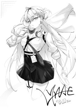 1girl blowing_bubble_gum braid braided_bangs breasts chewing_gum commentary_request dated earrings greyscale hair_ornament headphones headphones_around_neck highres holding id_card jewelry jijing_zishui long_hair looking_at_viewer lynae_(wuthering_waves) medium_breasts monochrome necktie partial_commentary shirt_tucked_in signature skirt skull_hair_ornament solo star_(symbol) star_earrings wuthering_waves