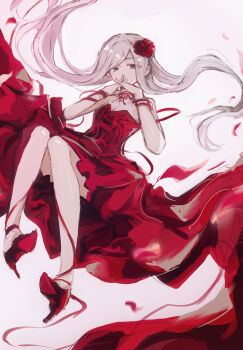 Rule 34 | 1girl, blonde hair, breasts, cleavage, commentary request, dress, flower, hair flower, hair ornament, high heels, highres, j-core, long dress, long hair, looking at viewer, lying, notebook records, on back, pink eyes, red dress, red flower, red rose, red shoes, rose, shoes, simple background, solo, srav3r, strapless, strapless dress, very long hair, white background, wusem0108