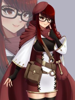 1girl alternate_costume anna_(fire_emblem) anna_(fire_emblem)_(cosplay) bag belt beret blush breasts cape commission cosplay finger_to_face fire_emblem fire_emblem_warriors glasses hat highres large_breasts miss_bunny_li nintendo persona persona_5 persona_5_the_royal red_cape red_eyes red_hair smile thighs yoshizawa_sumire